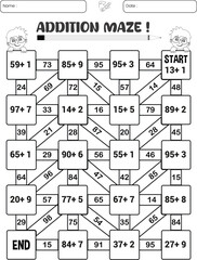 Addition maze puzzle game worksheet for child