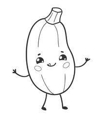 Vector illustration of a cute zucchini with happy face in black and white. Line art isolated vegetable object.