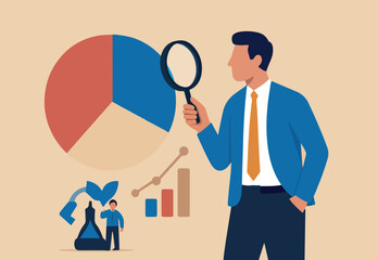Analyze data, financial research analytics, data analysis, chart and graph or diagram, database report or predictive visualization concept, businessman with magnifying glass analyzing pie chart data.
