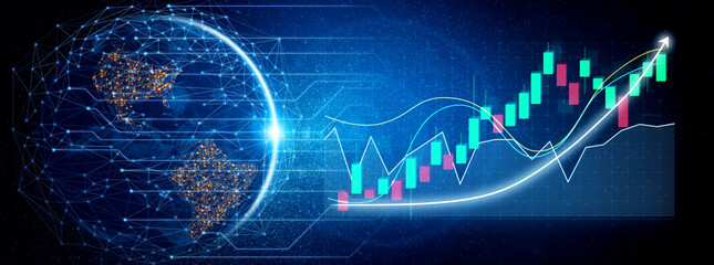 This illustration depicts a digital global network alongside a financial growth graph, showcasing analytics and investment trends in a modern context. Impute