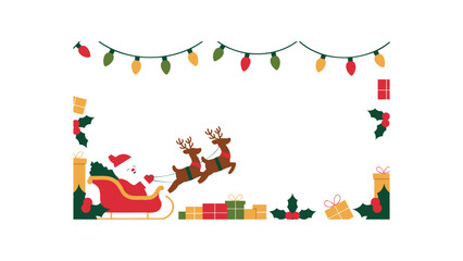 Fototapeta premium Whimsical christmas border with santa claus in his sleigh pulled by reindeer and festive lights