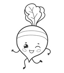 Vector illustration of a cute beetroot with happy face and leaf top in black and white. Line art isolated vegetable object.