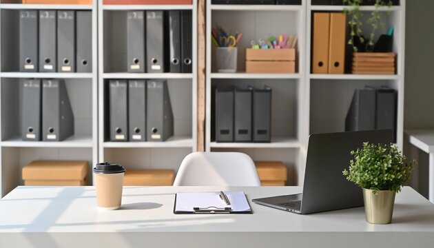 Office desk Workspace: A meticulously organized workspace featuring a modern desk, shelves with office files and supplies. The image captures the essence of efficiency and productivity.