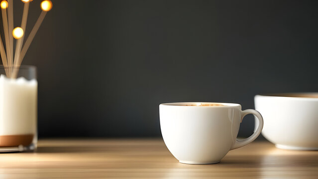 White coffee cup on wooden table with candles and dark background  