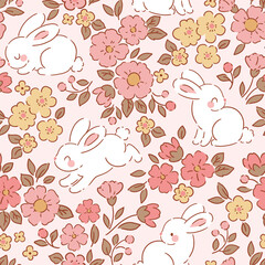 White rabbits and summer flowers. Seamless vector pattern. Hand drawn floral background.
