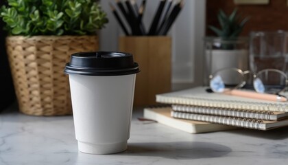 Workday coffee break: A paper coffee cup sits amidst a workspace setup with notebooks, glasses, and a plant, offering a glimpse into a focused and productive day.