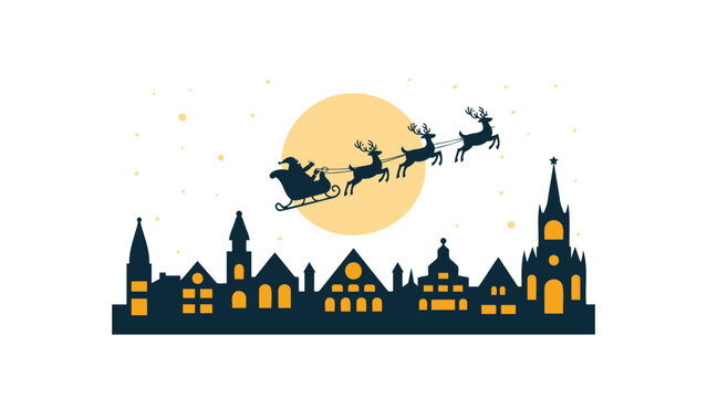 Silhouette of santa claus flying his reindeer sleigh across a large full moon over a charming european town skyline