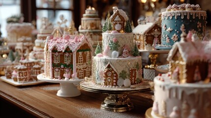 Christmas-themed bakery displaying festive cakes, pastries, and gingerbread houses,