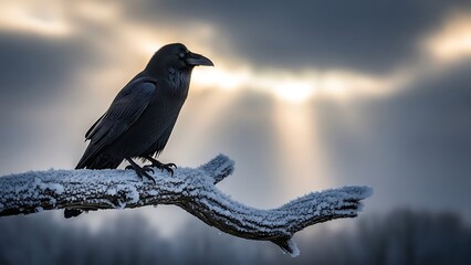 Fototapeta premium Majestic raven perched on a frost-covered branch against a dramatic, back-lit winter sky with ethereal sunbeams breaking through clouds
