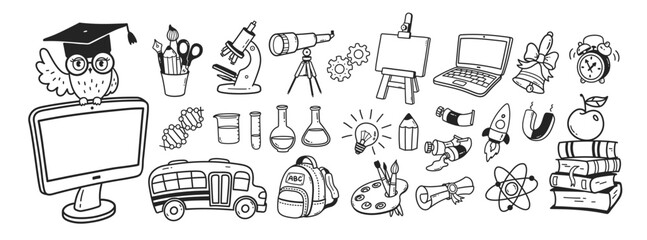 Fototapeta premium Vector illustration of school and science doodle icons in black and white. Line art isolated education object collection.