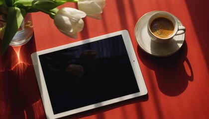 Tech, Brews & Blooms: A digital tablet next to a fresh bloom tulips and cup of coffee. The warm afternoon light casting long, soft shadows over the arrangement.