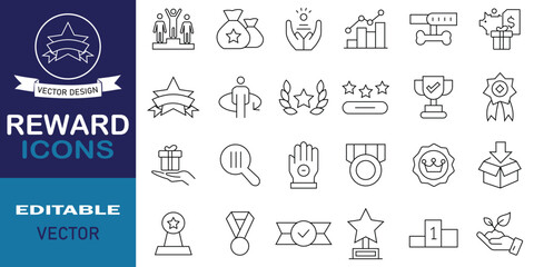 Reward line icon set. Including gift, trophy, recognition, badge, prize, medal, certificate, and others. Simple web line icons set. Vector illustration.