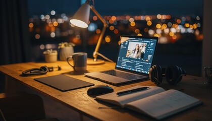 Nocturnal Workspace: A laptop illuminates a wooden desk with a cityscape blurred by bokeh lights. A warm lamp radiates over a mug, book, mouse and headphone create an ambient atmosphere.
