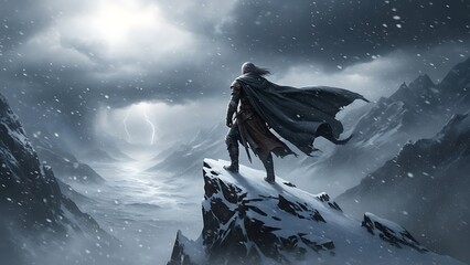 A lone warrior stands defiantly on a snow-capped mountain peak, overlooking a vast winter valley under a dramatic stormy sky with lightning.