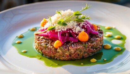 Gourmet Dish on White Plate: A visually stunning gourmet dish, artfully arranged on a pristine plate, tantalizes with its vibrant colors and textures, a culinary masterpiece ready to be savored.