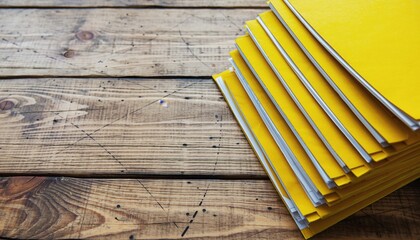 Stacks of books on wooden planks: A collection of vibrant yellow books, stacked meticulously, rests on rustic wooden planks, invoking a sense of knowledge and readiness for learning.