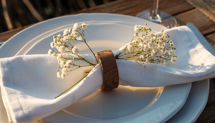 Elegant Table Setting: A close-up view of a beautifully set table, showcasing pristine white plates, a folded napkin adorned with delicate floral details and an exquisite wooden ring.