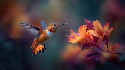 Fototapeta premium Hummingbird hovers near vibrant orange flowers in a lush garden during a sunny afternoon