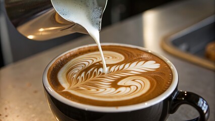 Milk being poured into a cup of coffee creating latte art in a coffee shop