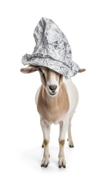 goat wearing a tinfoil hat, paranoid, paranoia, on a white background, animal photo