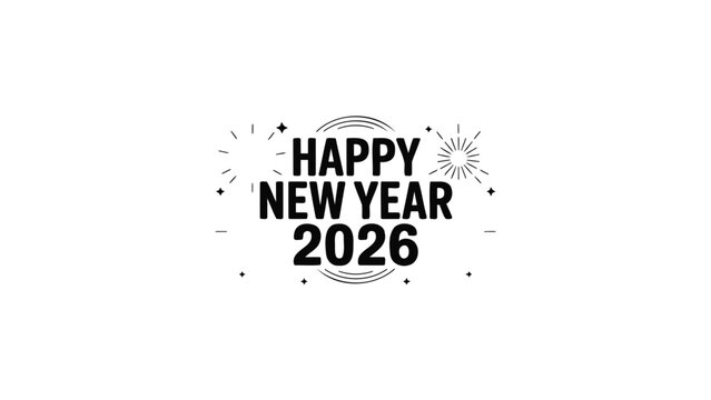 Festive black and white typography celebrating happy new year 2026 with decorative elements and fireworks
