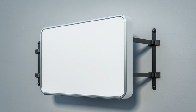 Blank Billboard: A rectangular, blank billboard is mounted on a solid color wall with its emptiness ready to convey a message.