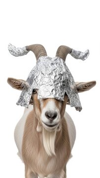 goat wearing a tinfoil hat, paranoid, paranoia, on a white background, animal photo