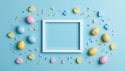 Colorful Easter Eggs and Heart Shapes Around Empty Frame on Blue Background