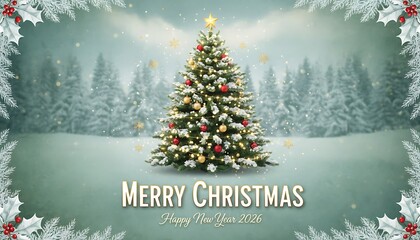 Festive decorated christmas tree in snowy forest with merry christmas greeting