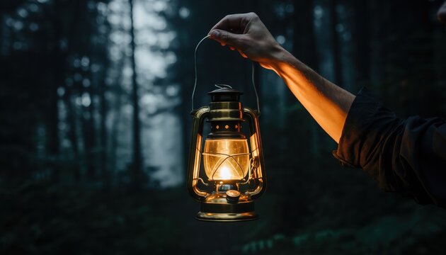 Beacon in the Wilderness: A lone hand holds aloft an illuminated lantern, its warm glow cutting through the dense darkness of a mystical forest, creating a sense of hope and exploration.