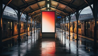 Subway Platform and Advertising Billboard: The image presents a striking perspective of an empty subway platform, featuring a prominent billboard that serves as a focal point.