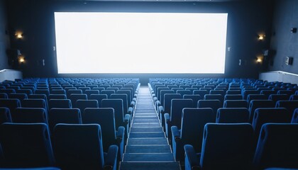 Empty Cinema Ready for Movie Premiere: The theater is ready with rows of unoccupied seats facing a blank screen, creating an atmosphere of anticipation for upcoming entertainment