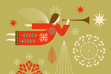 Christmas card. Christmas Angel with Horn. Christmas Angel Blowing Trumpet . Greeting card. Horizontal Merry Christmas card, banner and poster design 