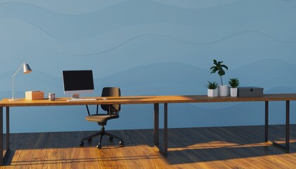 Modern Office Workspace: An inviting office workspace is presented, featuring a minimalist desk, sleek computer setup, and touches of greenery that enhance the sense of tranquility and productivity.