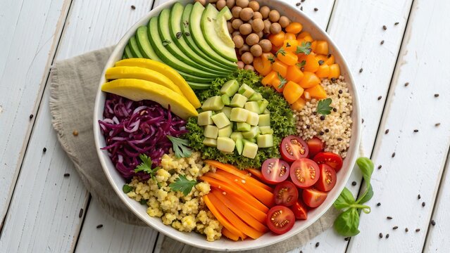 Colorful and healthy vegan buddha bowl with fresh vegetables and grains on a white table - Powered by Adobe