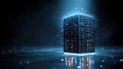 Advanced computer server setup illuminated in a dark environment with glowing particles scattering around