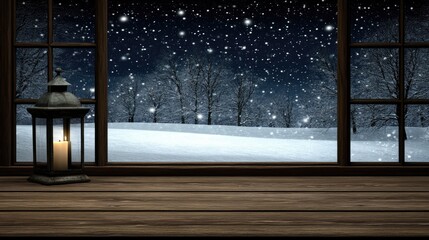 Warm candlelight from a lantern fills a rustic room with charm as snow falls gently on winter trees nearby