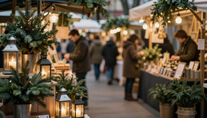 Obraz premium Festive Outdoor Market with Artisanal Goods and Holiday Decor