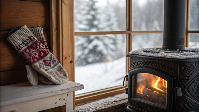Cozy winter scene with mittens wood stove and snowy window view in a rustic cabin home
