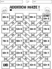 Addition maze puzzle game worksheet for child