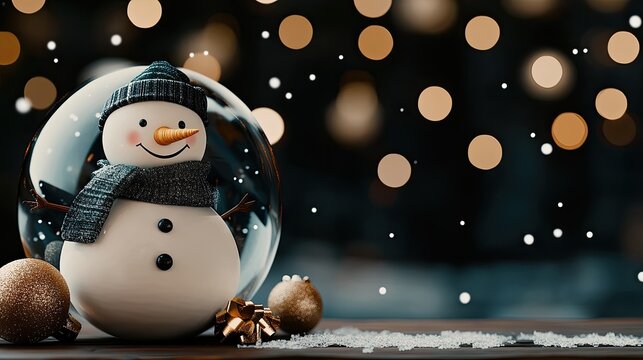 A delightful snowman inside a glass ball showcases a magical winter scene amid sparkling lights and evergreen decorations