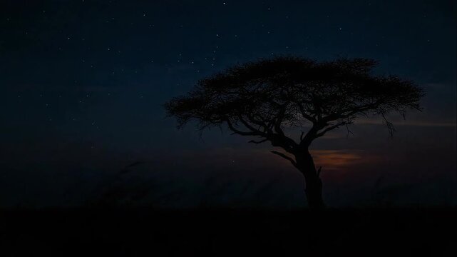 Time-lapse of sunset fading to night over an African savannah with an Acacia tree silhouette, revealing the starry sky and Milky Way galaxy.