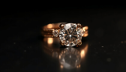 A luxurious engagement ring with a pink gold solitaire diamond on an elegant black background with a spectacular reflection