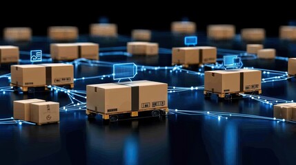 Solar panels generate energy while digital icons illustrate technology and smart industry in a vibrant, blue sky environment