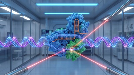 Abstract 3d rendering of a complex molecular structure with laser beams in a futuristic laboratory