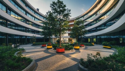 Curved Architecture and Serene Courtyard: A modern architectural marvel, showcasing a curved building design with multiple stories and a meticulously designed courtyard, featuring a central tree.