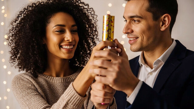 Couple celebrating New Year's Eve with confetti poppers indoors  