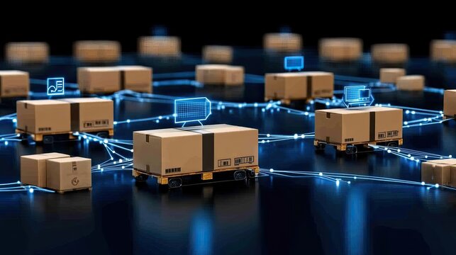 Solar panels generate energy while digital icons illustrate technology and smart industry in a vibrant, blue sky environment