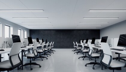 Modern Office Workspace: Rows of sleek, organized workstations fill a modern office space, minimalist design with clean lines, conveying an environment of productivity and efficiency.