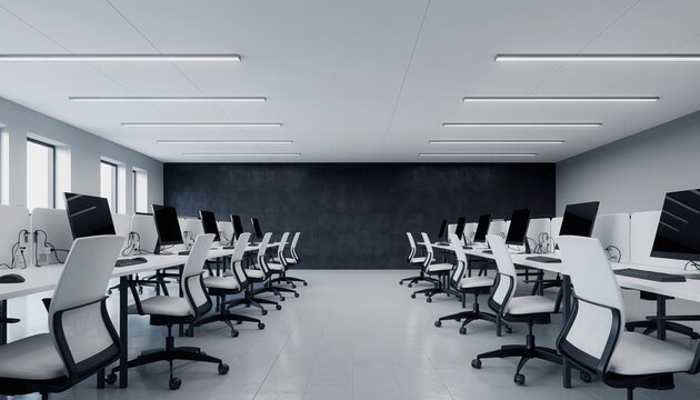 Modern Office Workspace: Rows of sleek, organized workstations fill a modern office space, minimalist design with clean lines, conveying an environment of productivity and efficiency.